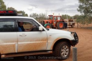 Just as we were pulling out a tractor towing a camper trailer pulled in - Mt Dare, South Australia